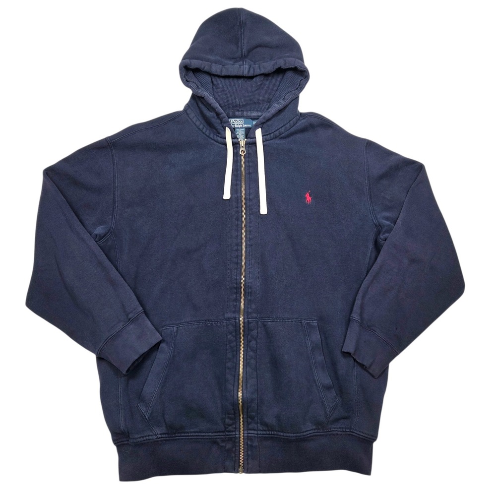 Vtg Polo Ralph Lauren Full Zip Hoodie Mens 2XLT Navy Blue Pony Logol Sweatshirt